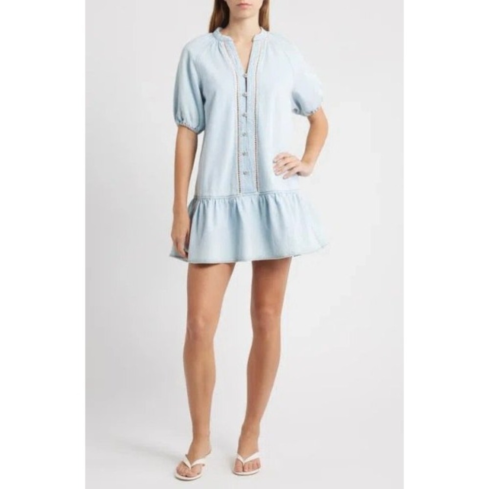 WAYF Light Wash Denim Mini‎ Dress Short Puff Sleeve Ruffle Hem Blue Cotton